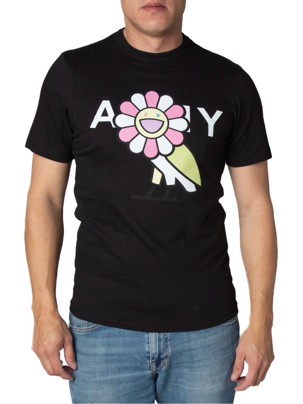 EUC Octobers Very Own Takashi Murakami x OVO Owl Flower Black T Shirt Size Small